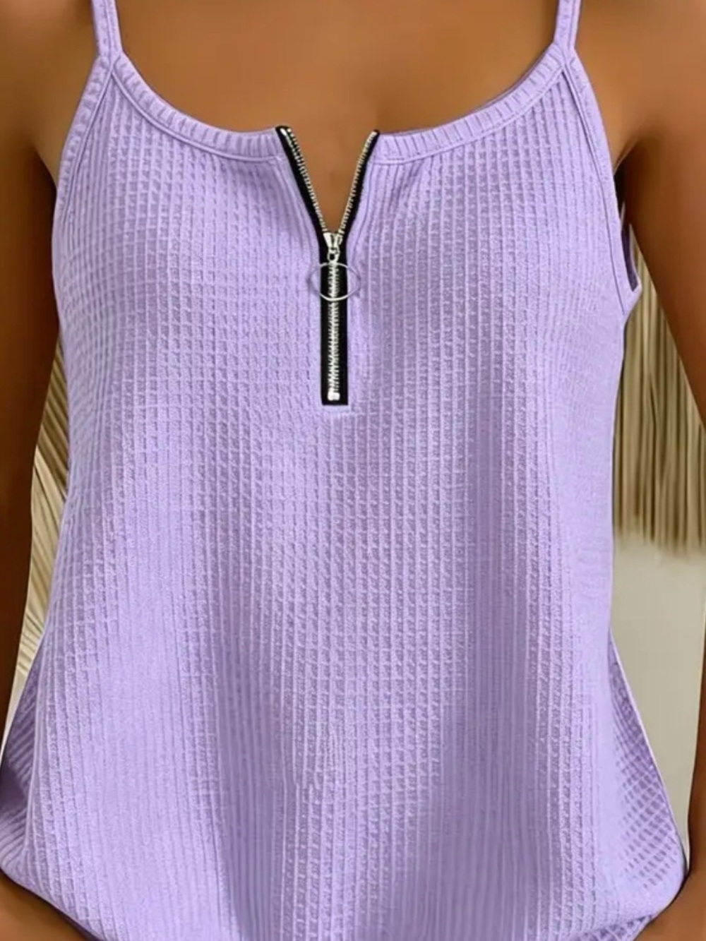 Lilac Zip-Front Waffle Tank Top